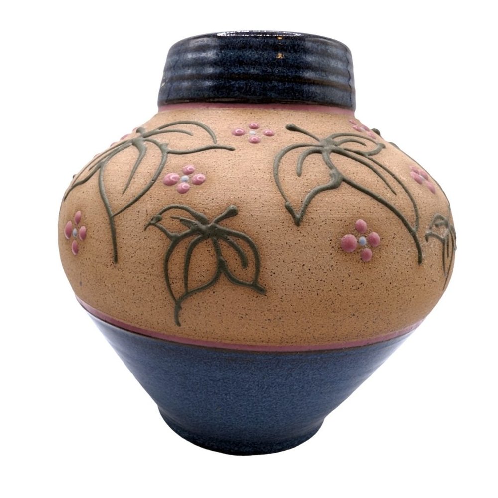 Vintage Large stoneware art pottery vase 7 inches, artist signed Blue and pink